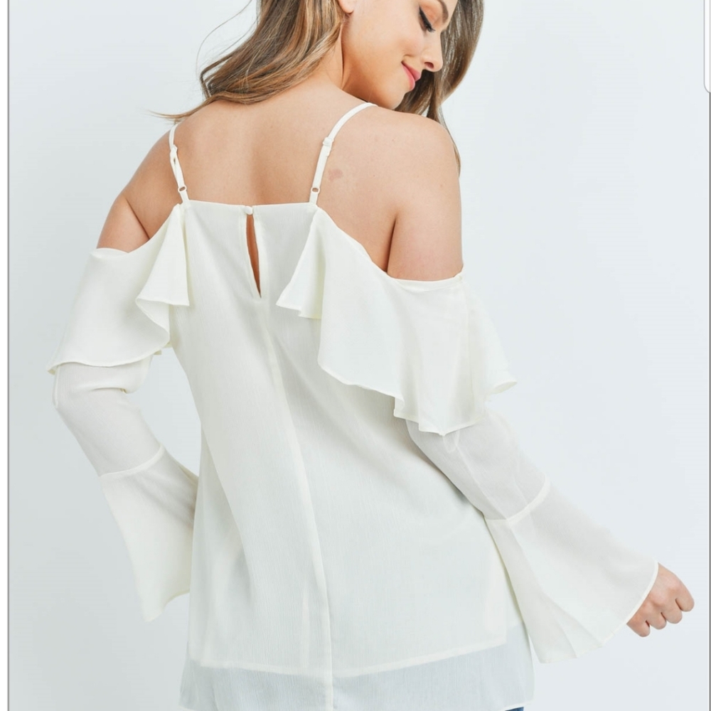 Cream Ruffled Cold-Shoulder Top - Picture 2 of 6